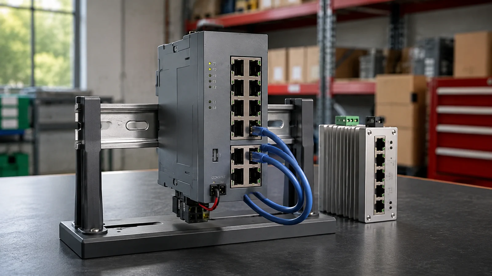 Illustrative scene; not an exact-unit photograph. Industrial Ethernet — illustration