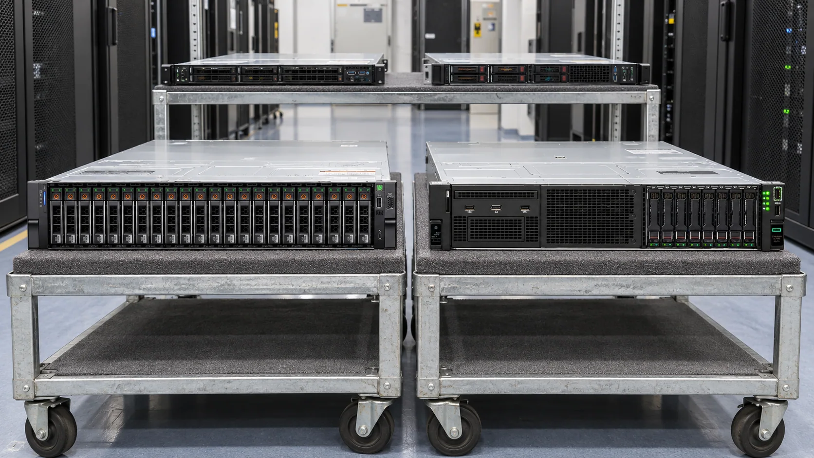 Illustrative server family photograph: rack servers on supported transport carts in a machine room.