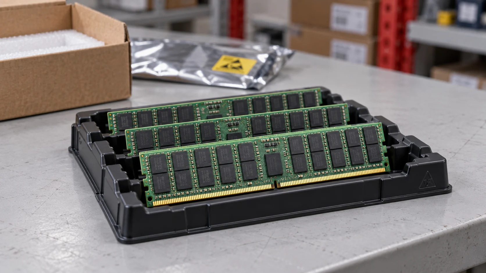 Server memory tray, a generated product-photography illustration in a small hardware workshop