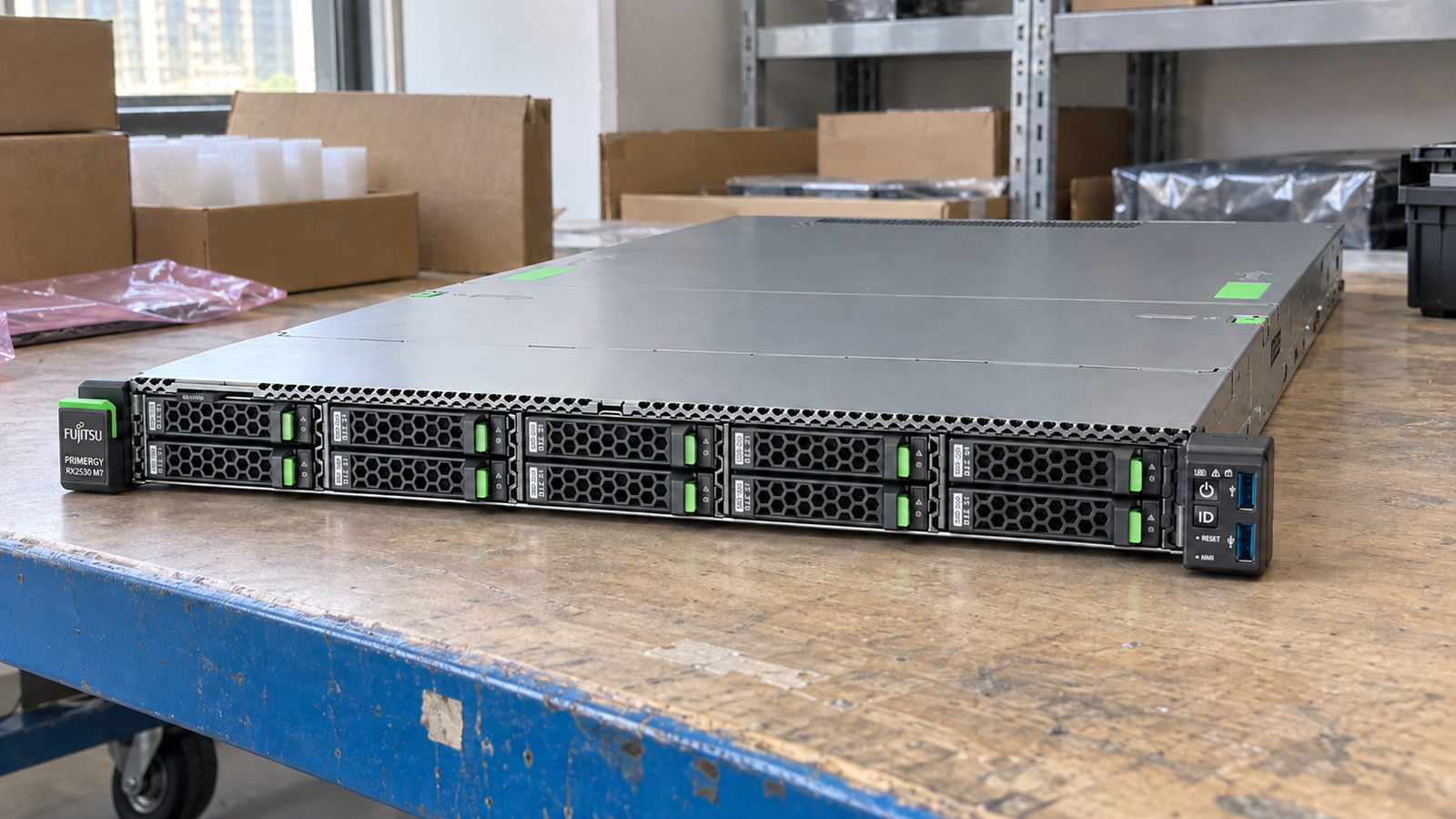 AI-generated illustrative front view of a Fujitsu PRIMERGY RX2530 M7 1U server with ten 2.5-inch front carriers on a sturdy warehouse workbench.