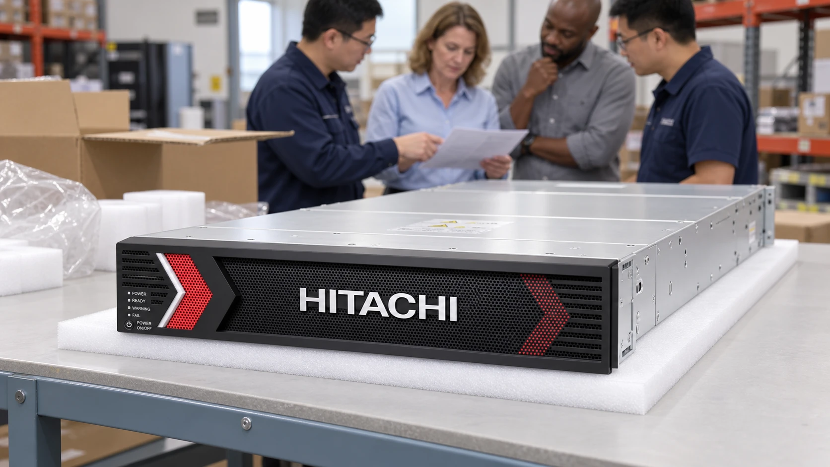 Illustrative Hitachi VSP One Block 26 inspection scene, with a fully supported enclosure on a steel workbench and international visitors in the background