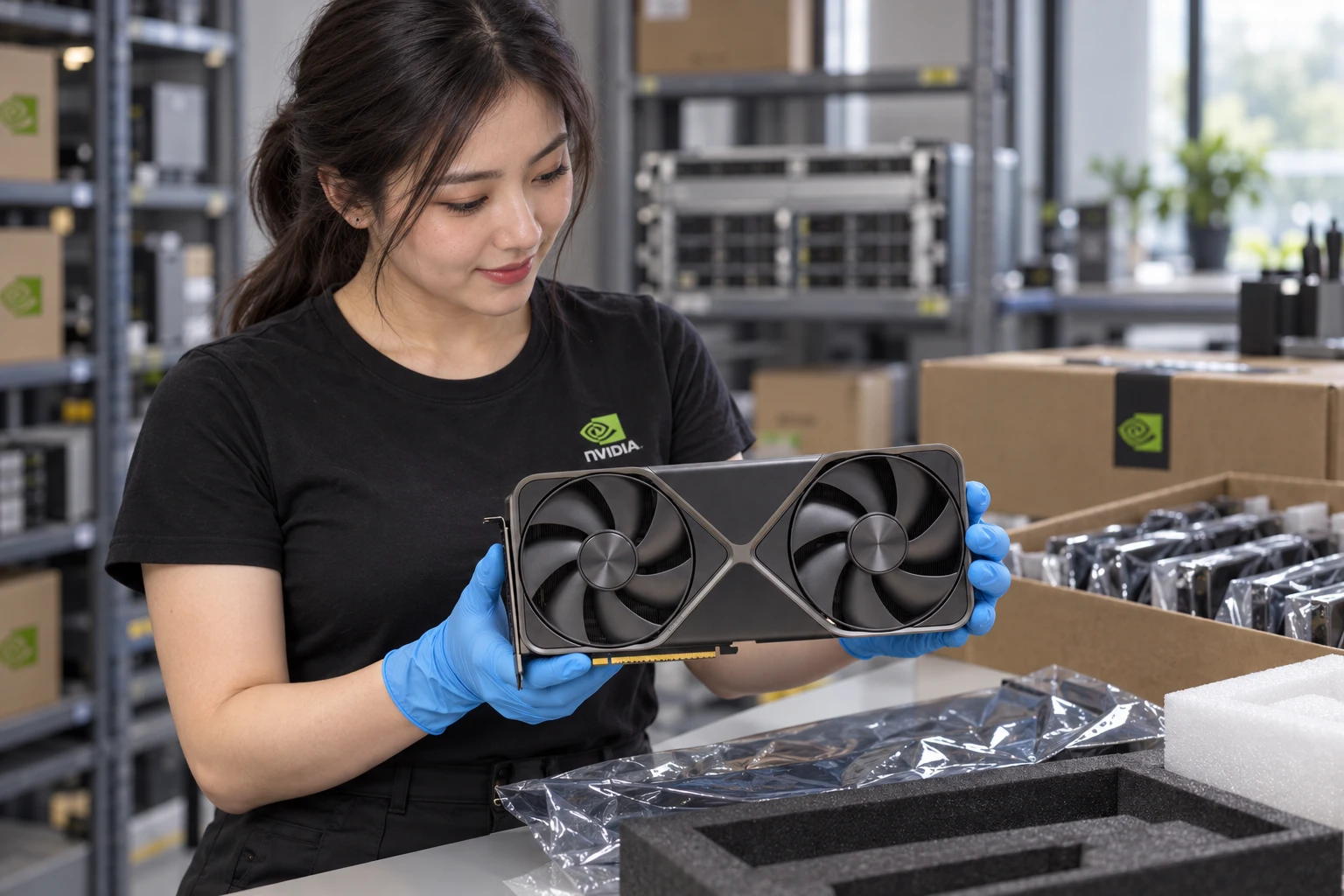 GeForce RTX 5090 Founders Edition illustrative warehouse handling