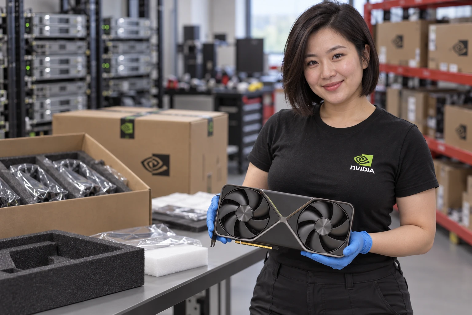 GeForce RTX 5090 Founders Edition illustrative warehouse handling