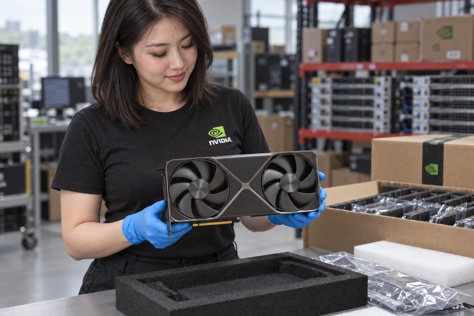 GeForce RTX 5090 Founders Edition illustrative warehouse handling