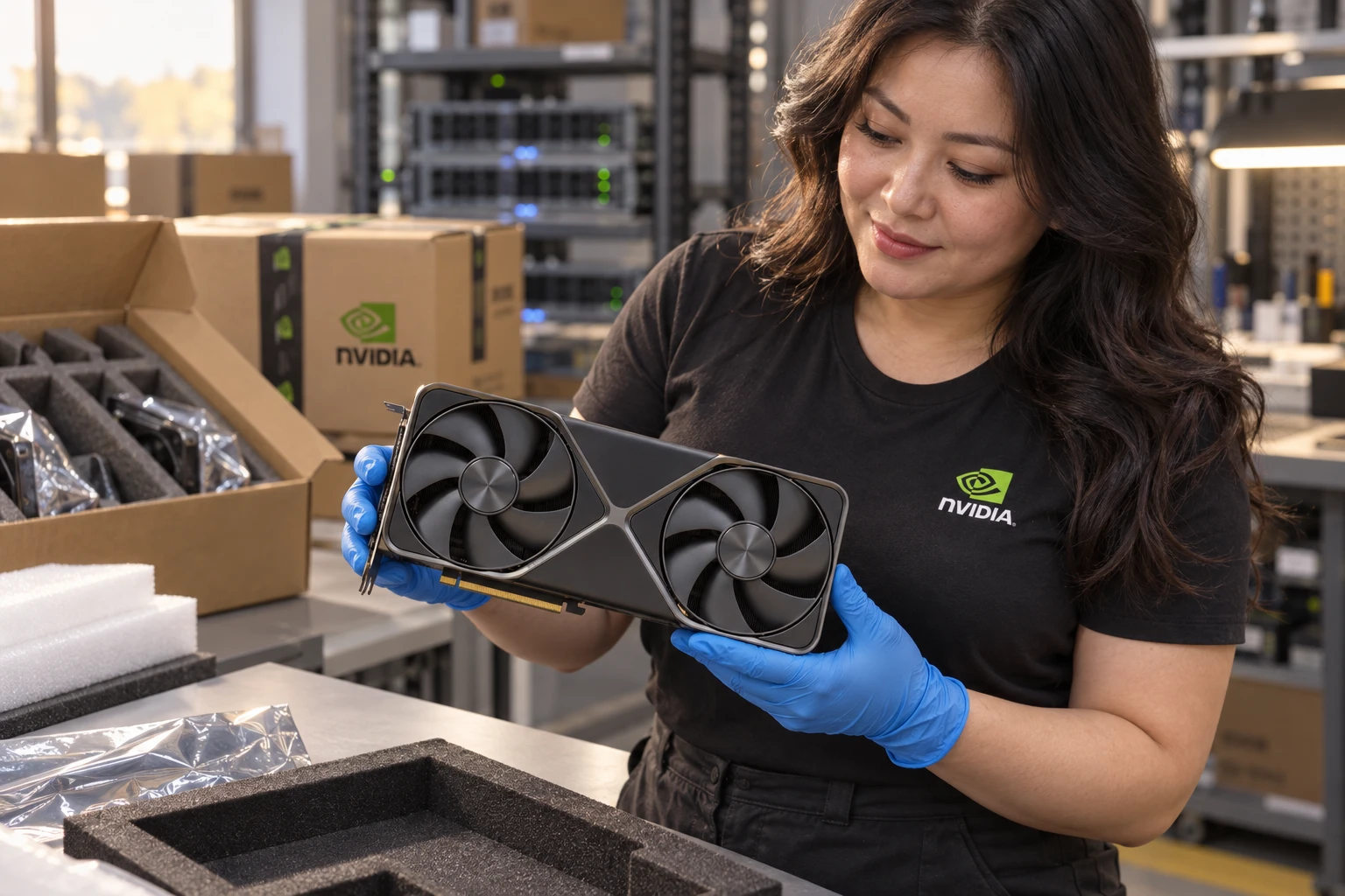 GeForce RTX 5090 Founders Edition illustrative warehouse handling