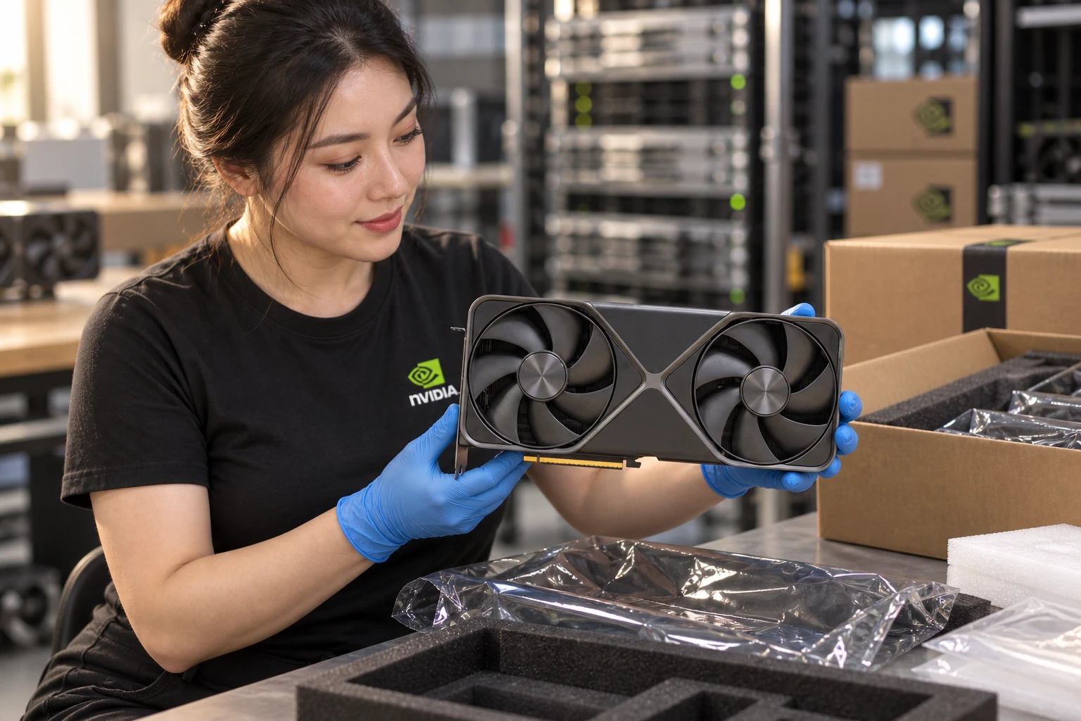 GeForce RTX 5090 Founders Edition illustrative warehouse handling