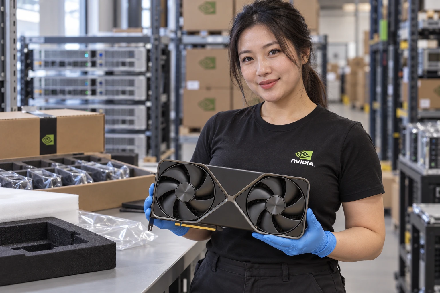 GeForce RTX 5090 Founders Edition illustrative warehouse handling