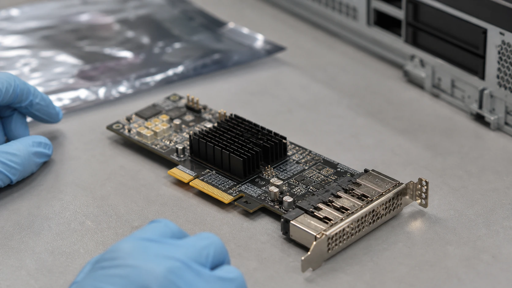 RAID and HBA adapter inspected on a service workbench