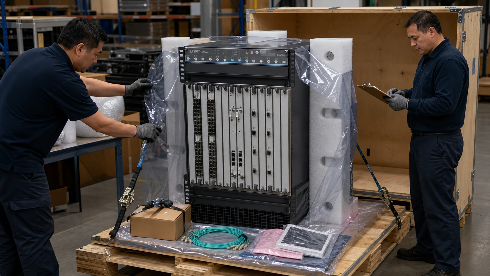 Juniper MX960 prepared in a protective export crate