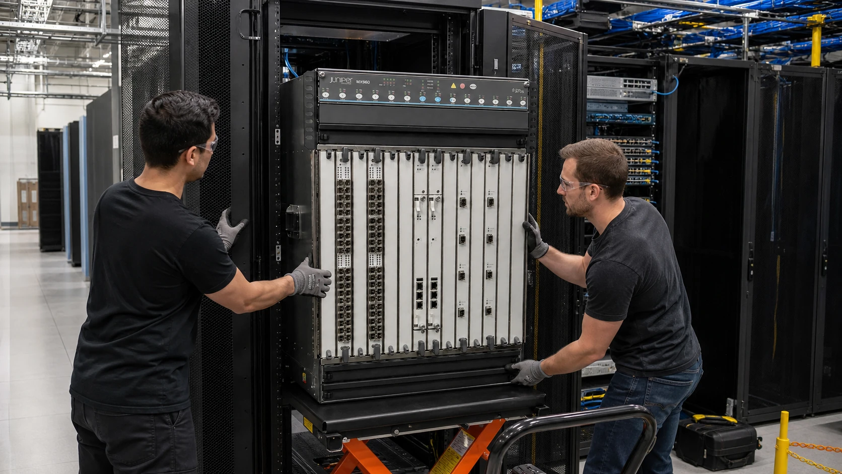 Juniper MX960 installed in a rack with a mechanical lift