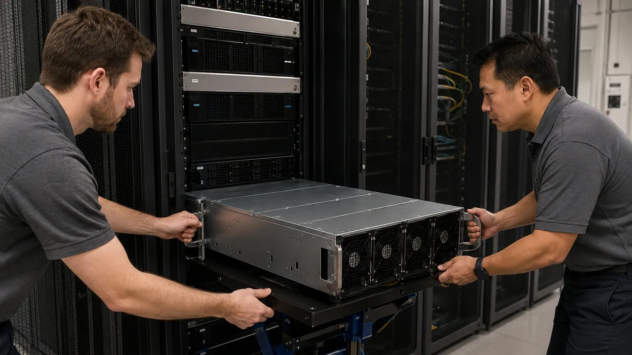 Installing a heavy GPU server with a lift in an equipment workspace