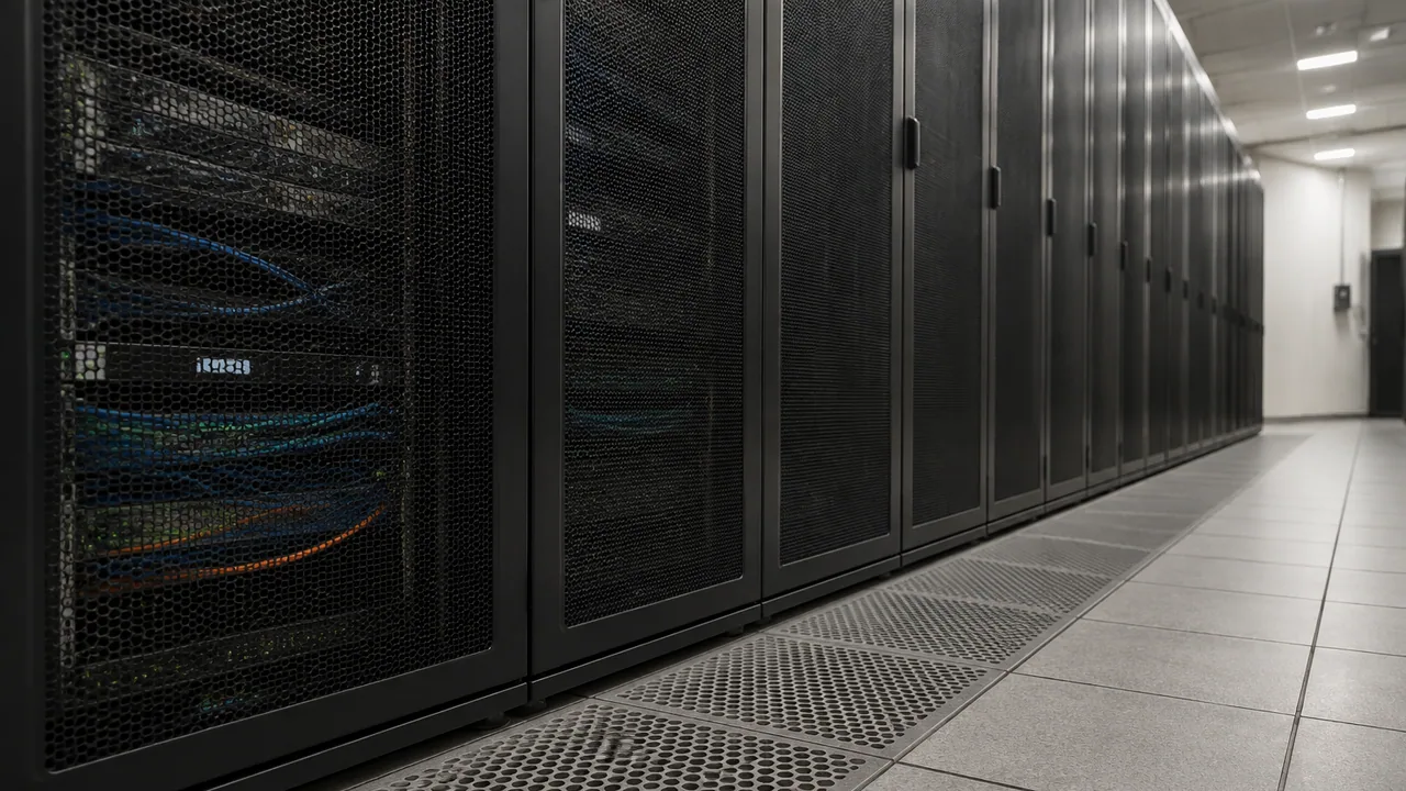 Perforated raised-floor panels alongside generic server cabinets