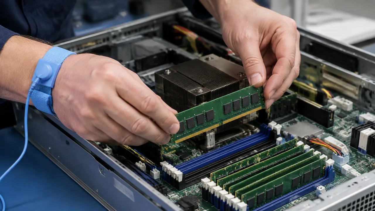 Memory installation at a service bench in an equipment workspace