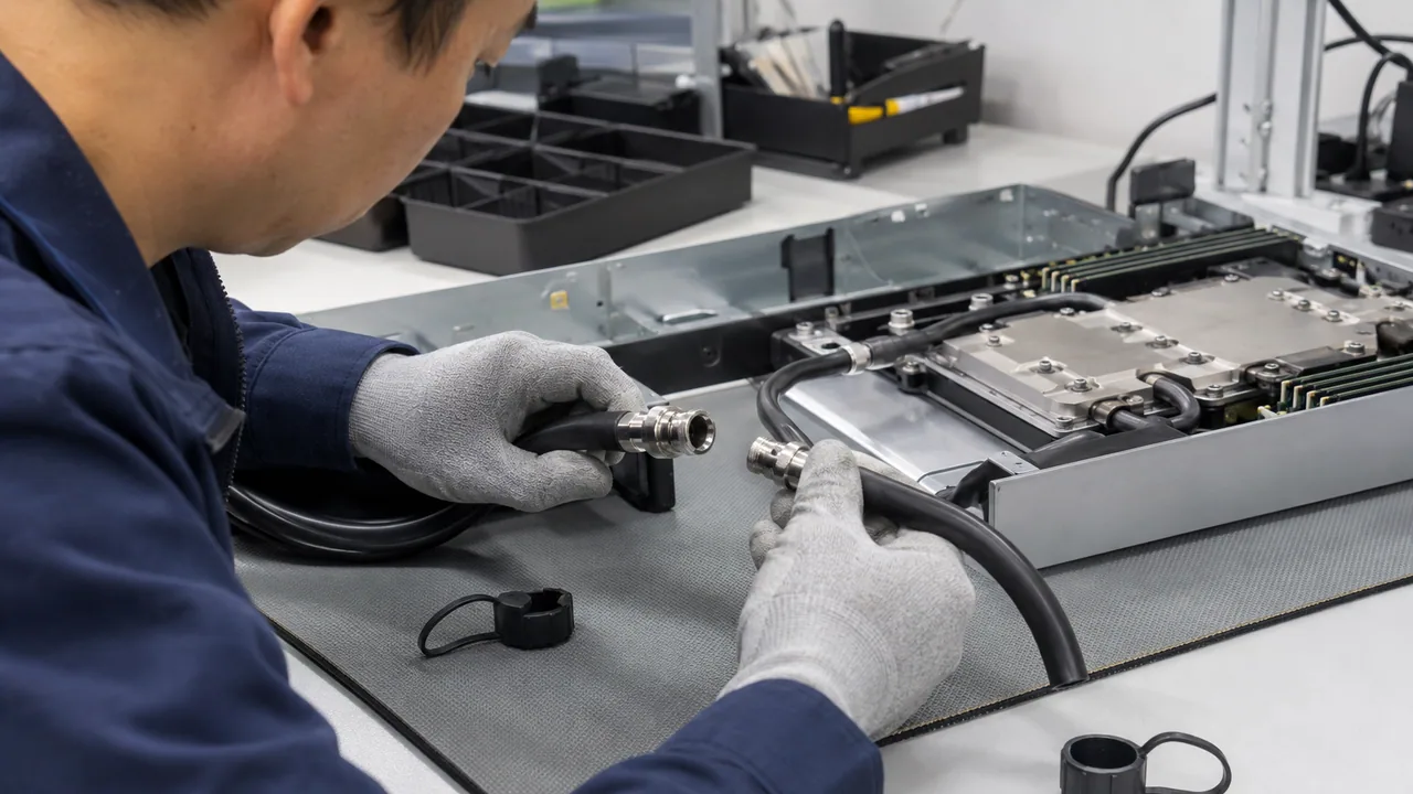 Inspecting a disconnected cooling hose in an equipment workspace