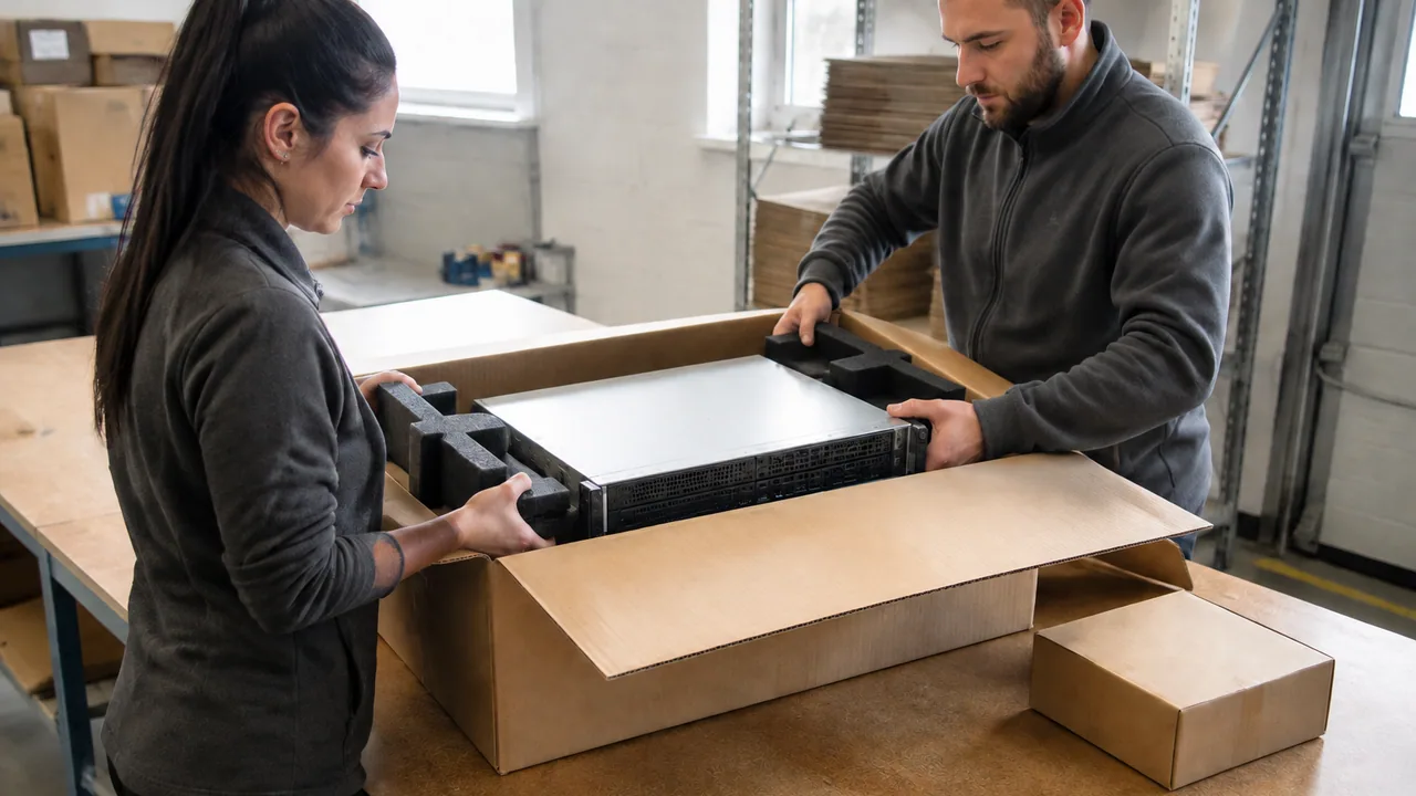 Illustrative scene; not an exact-unit photograph. Protective packaging in a warehouse — illustrative scene