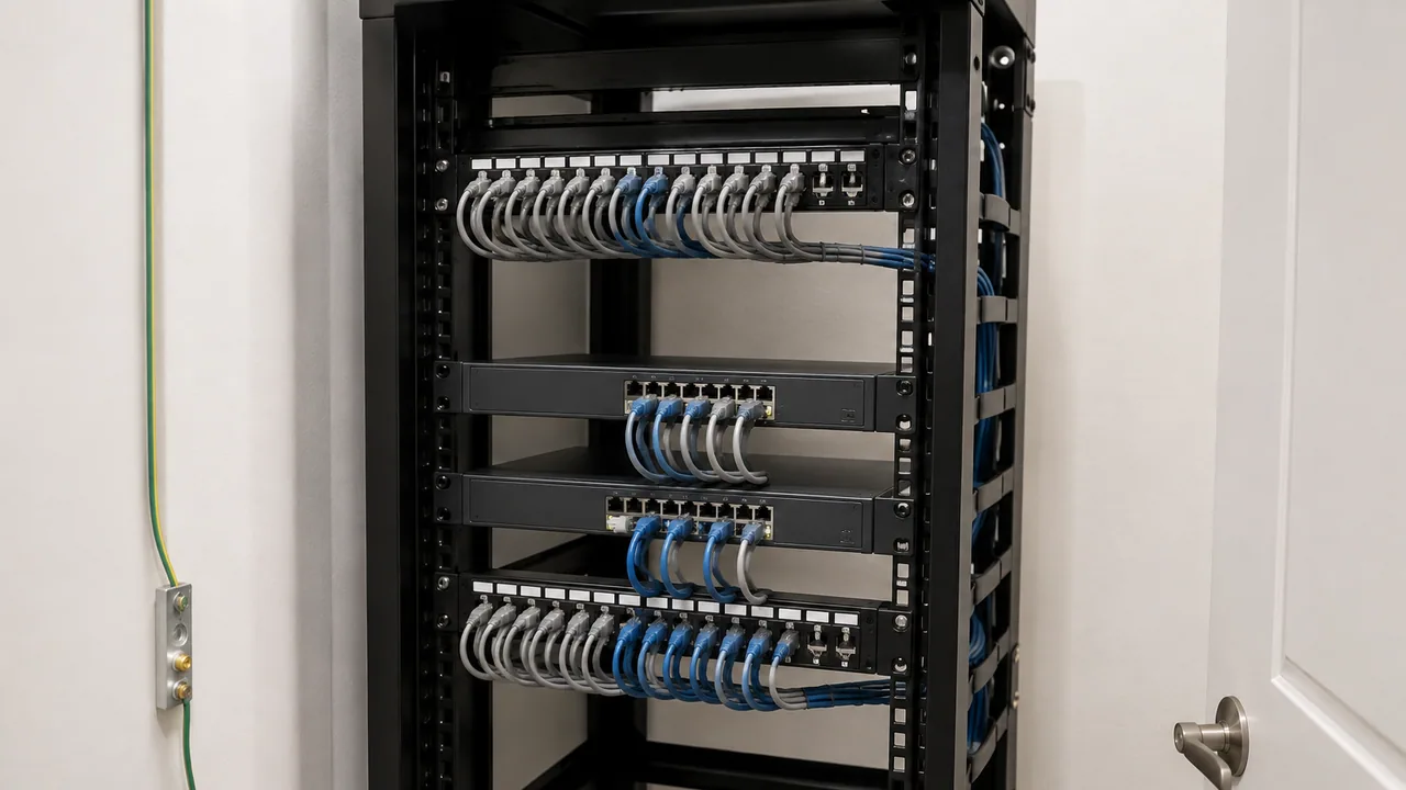 A clean office communications closet with patch panels and rack-mounted access switches.