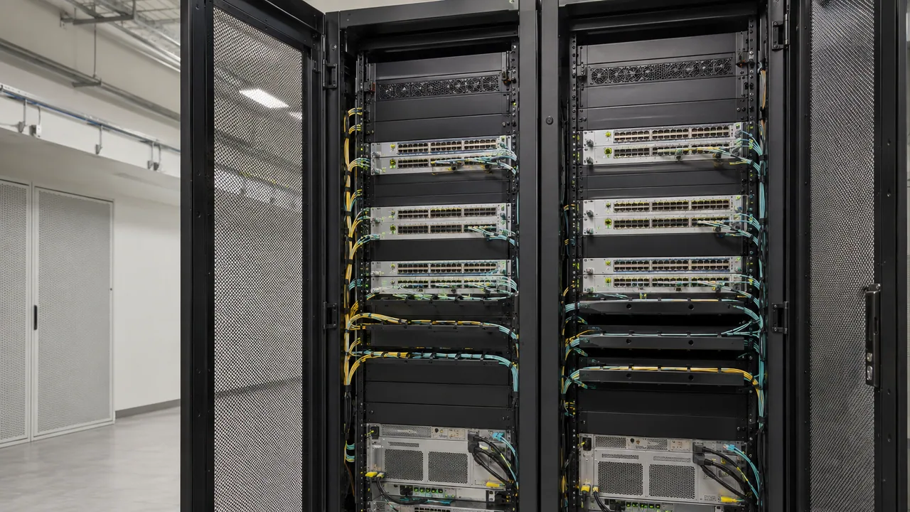 Illustrative scene; not an exact-unit photograph. Switches and fibre connections in a data-center rack — illustrative scene