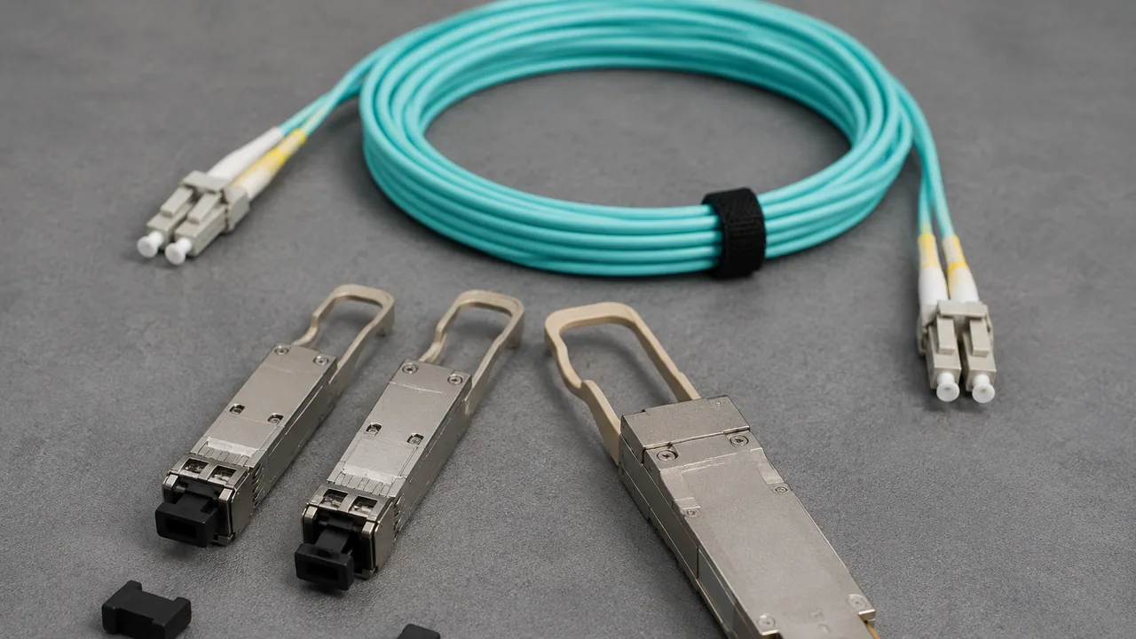 Optical transceivers and capped fiber connectors arranged on an antistatic work surface.
