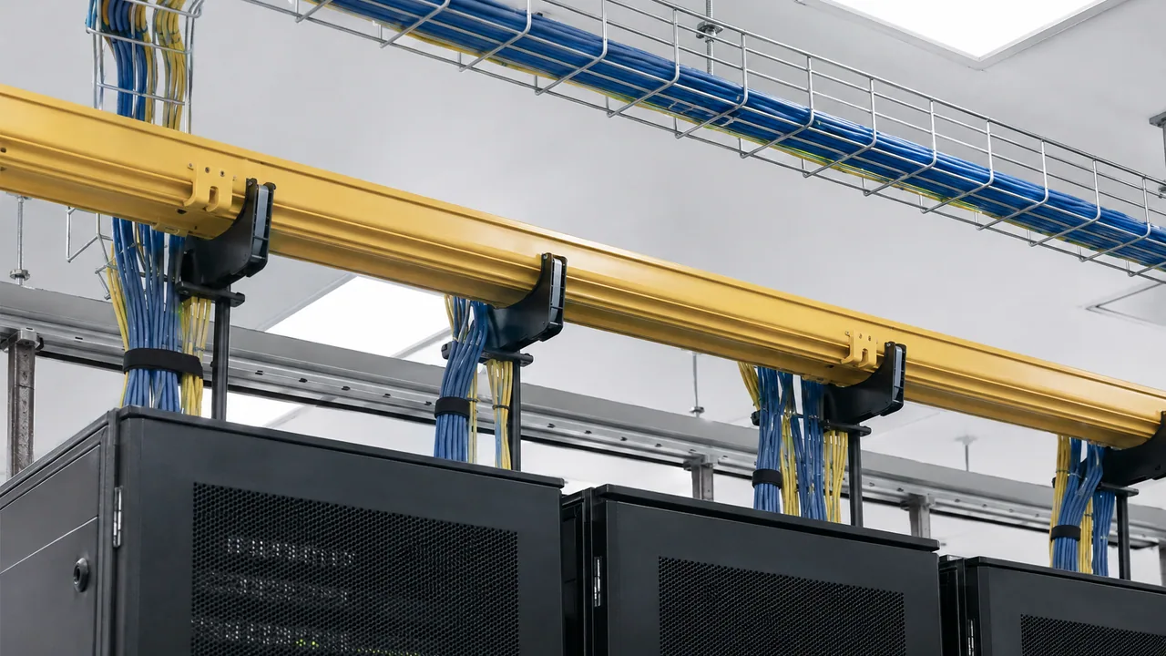 Cable trays carry organized fiber routes above equipment cabinets.