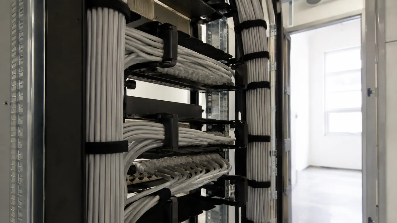 The rear of a patch field shows supported bundles and strain relief.