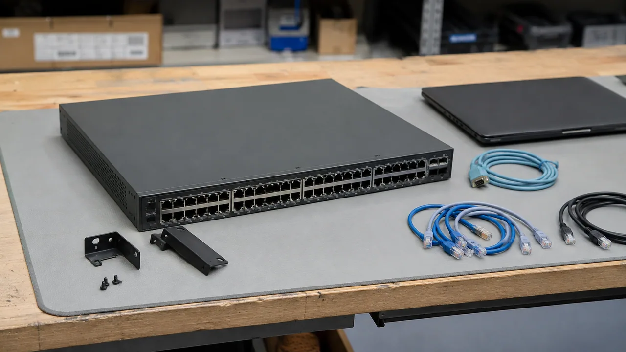 Illustrative scene; not an exact-unit photograph. Switch configuration workbench — illustrative scene