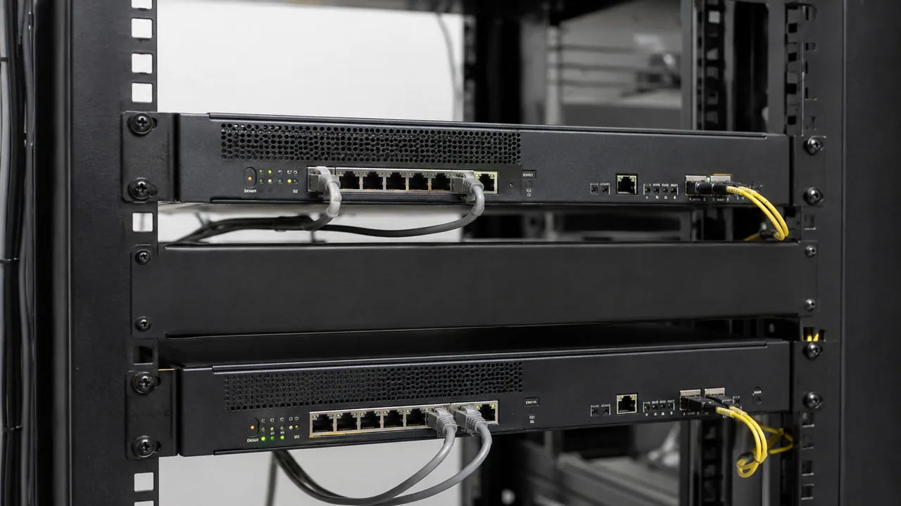 Two rack-mounted security appliances with organized network connections.