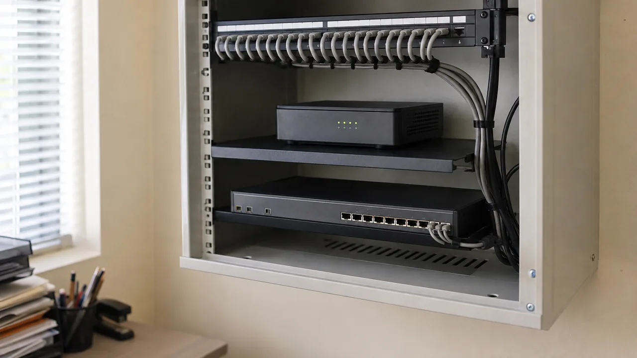 A compact cabinet contains a branch router, access switch and patch panel.