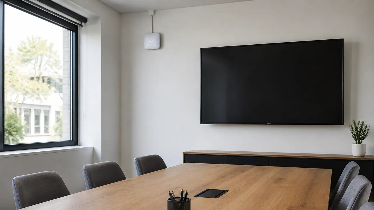 A discreet access point serves a daylight-filled conference room.