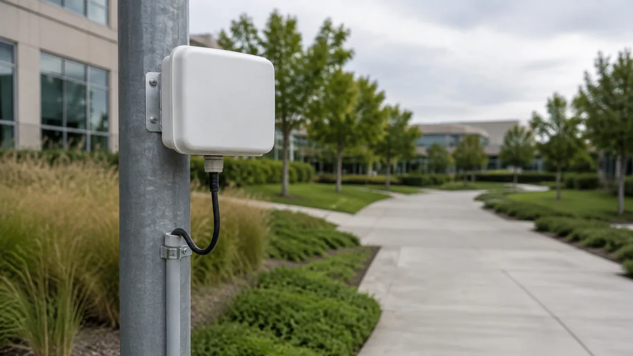 A weather-resistant access point mounted beside a campus walkway.