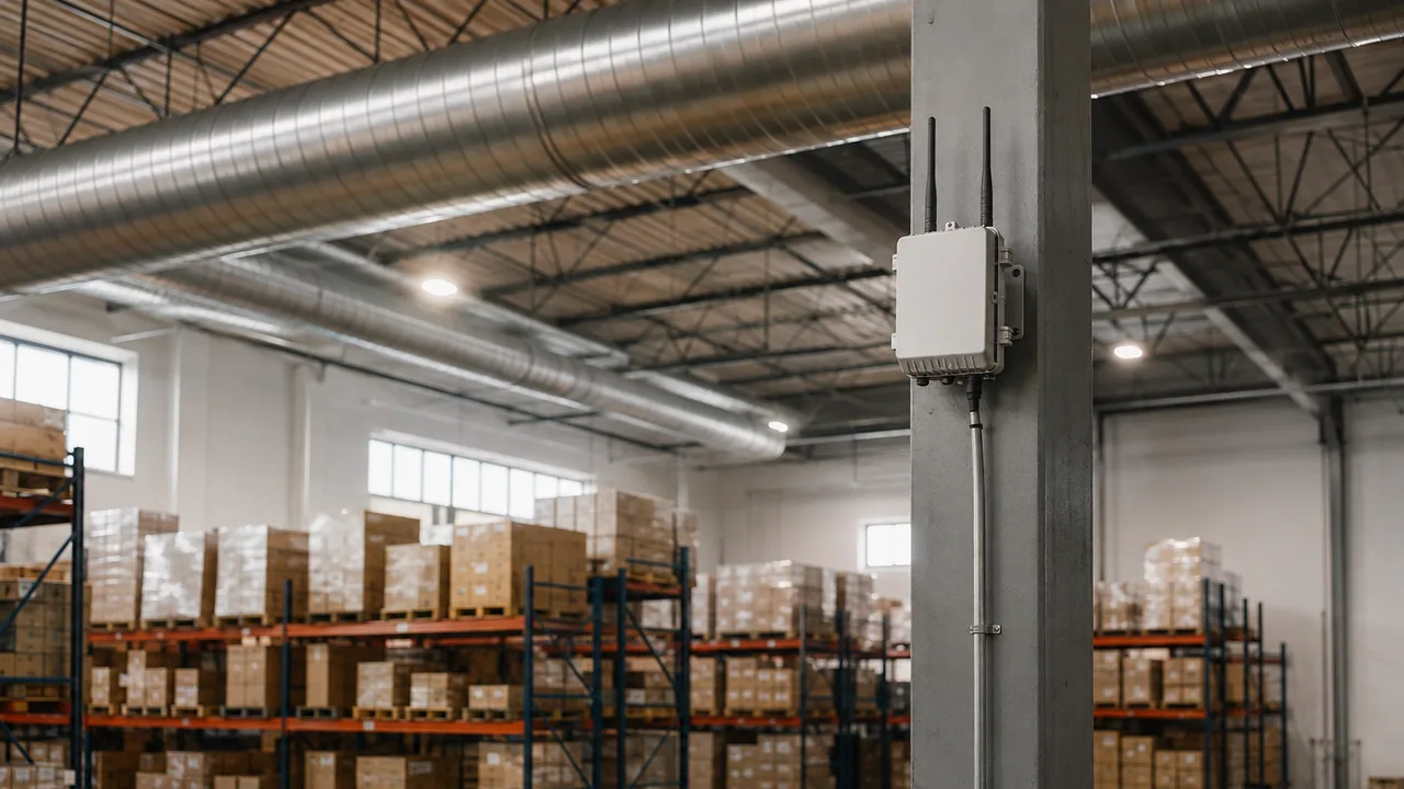 An industrial access point overlooks an orderly warehouse aisle.