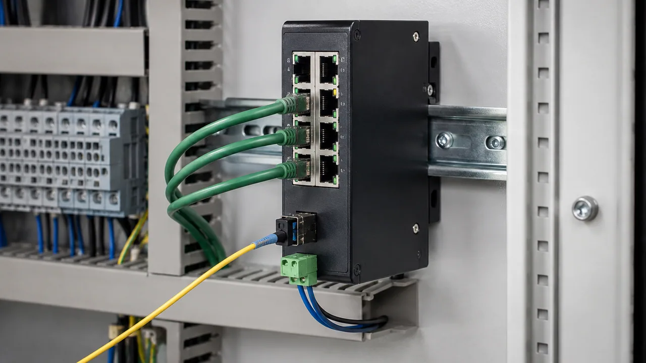 Illustrative scene; not an exact-unit photograph. Industrial network switch — illustration