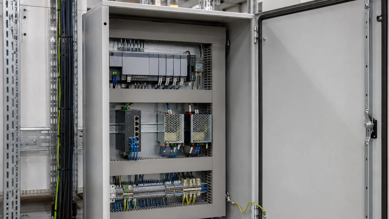 An open automation cabinet with network equipment, terminals and clean wiring routes.
