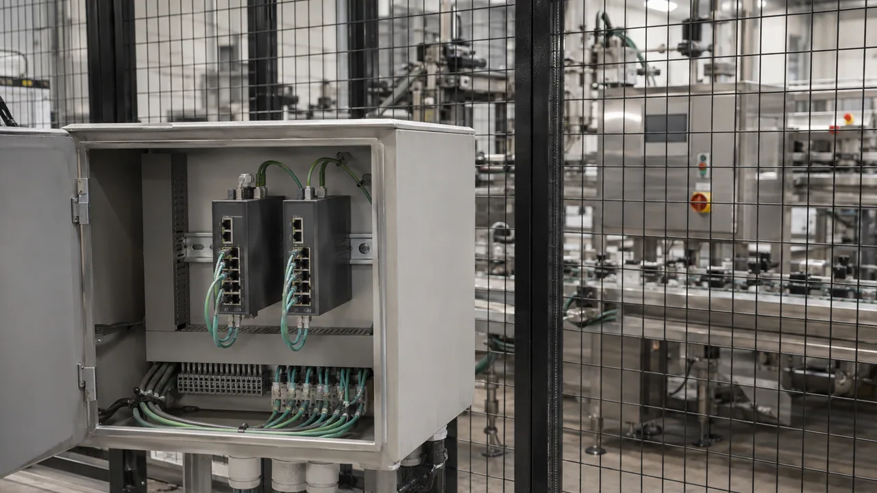 A small network enclosure sits beside a guarded production cell.