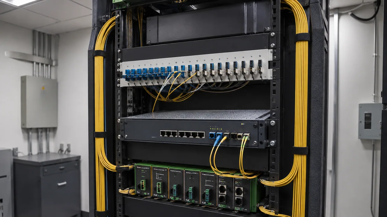 Rugged network equipment installed in a utility control-room rack.