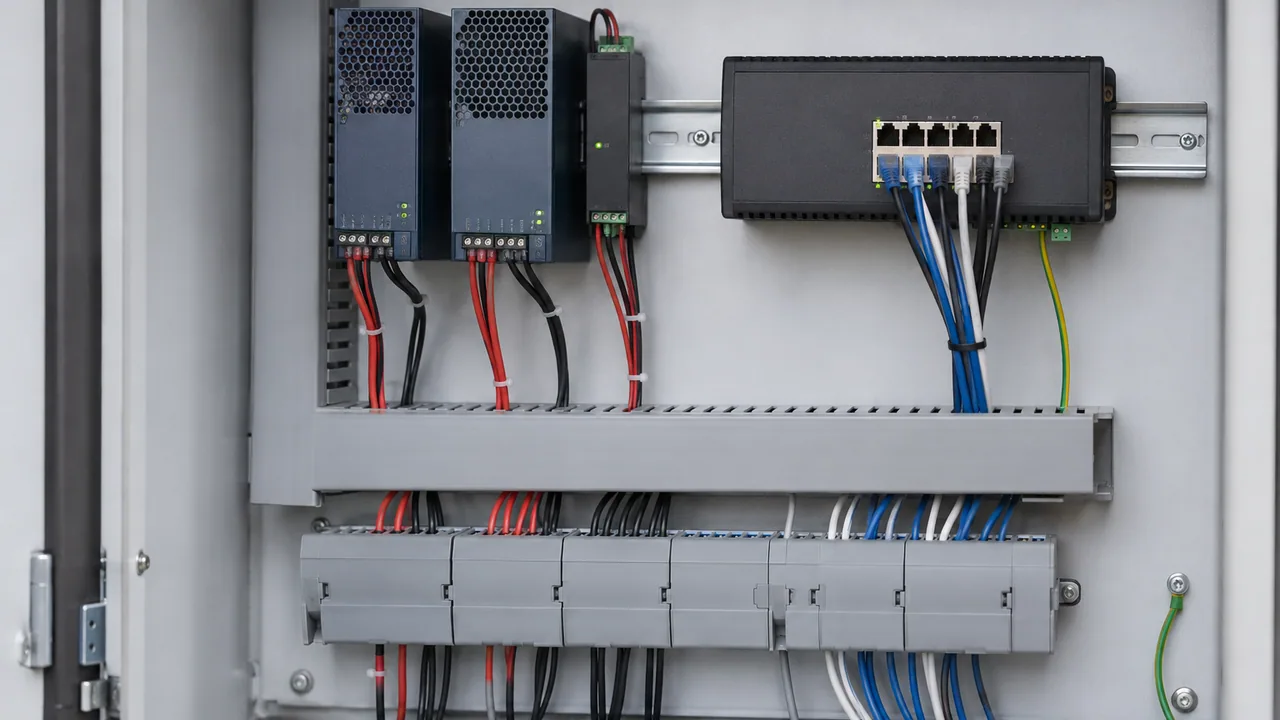 Low-voltage power supplies and an industrial switch arranged in a serviceable cabinet.