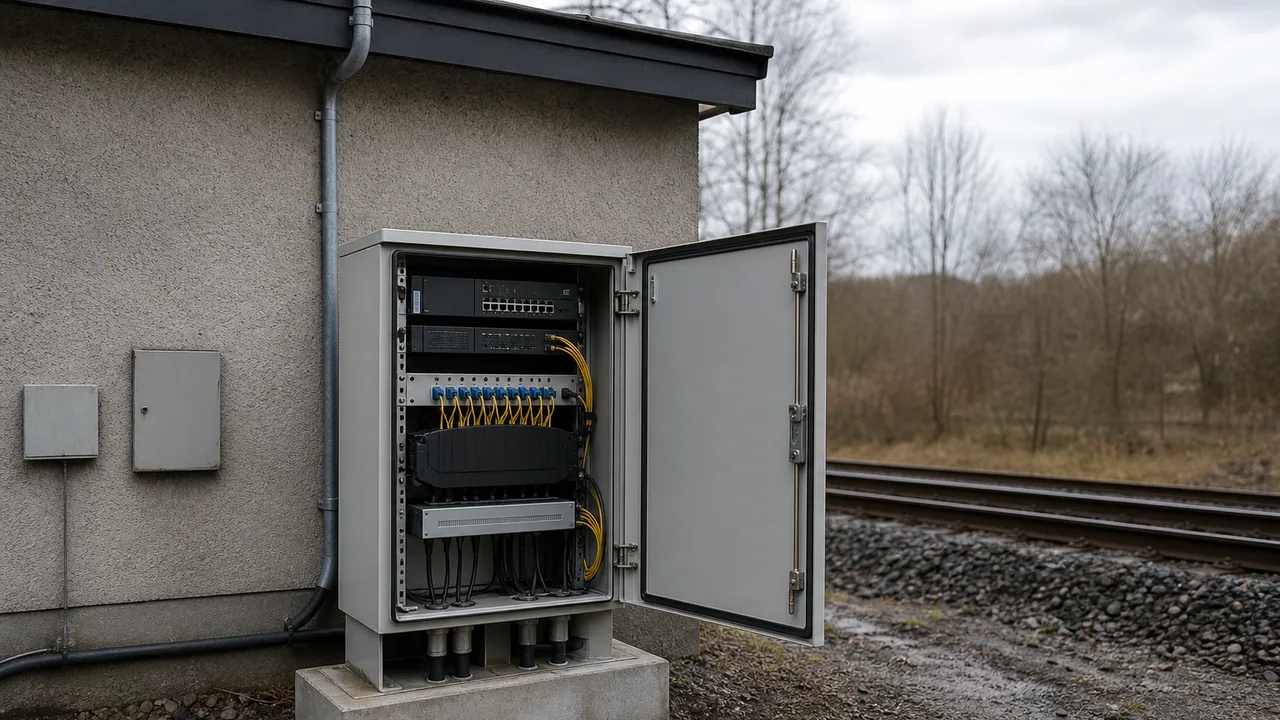 A protected communications cabinet beside a railway infrastructure service building.