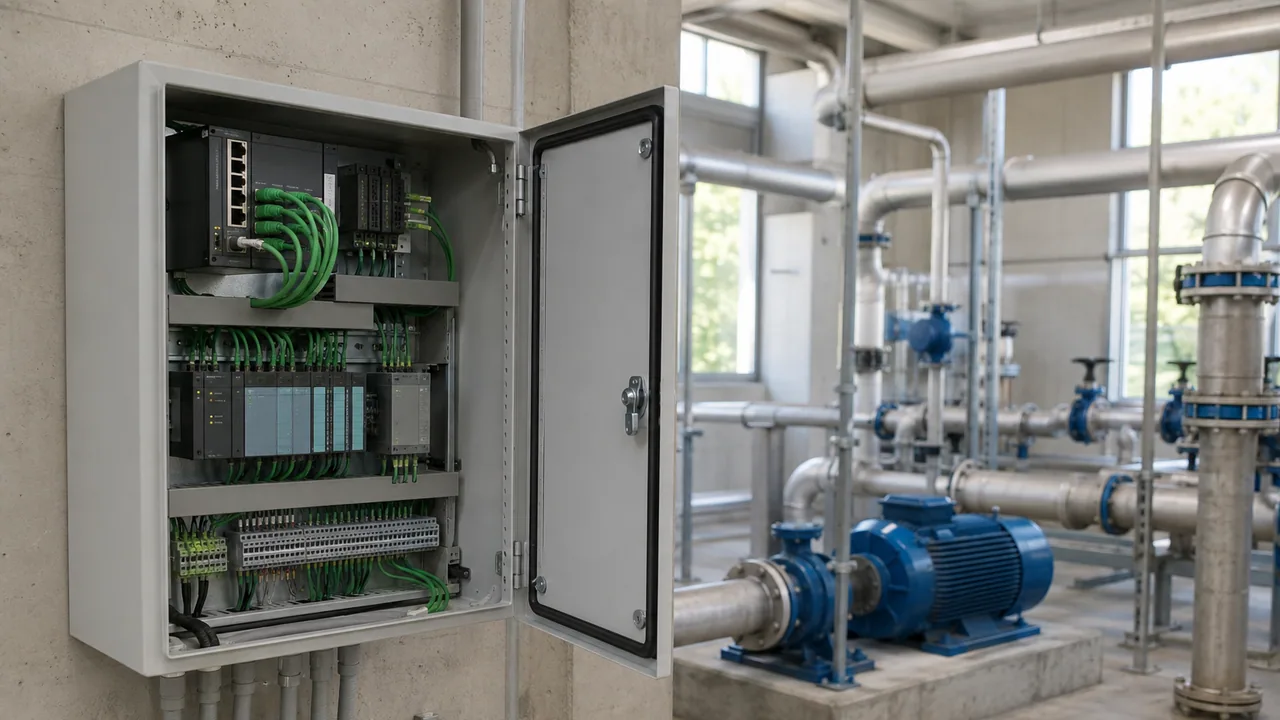 An industrial network cabinet in a clean water-treatment utility building.
