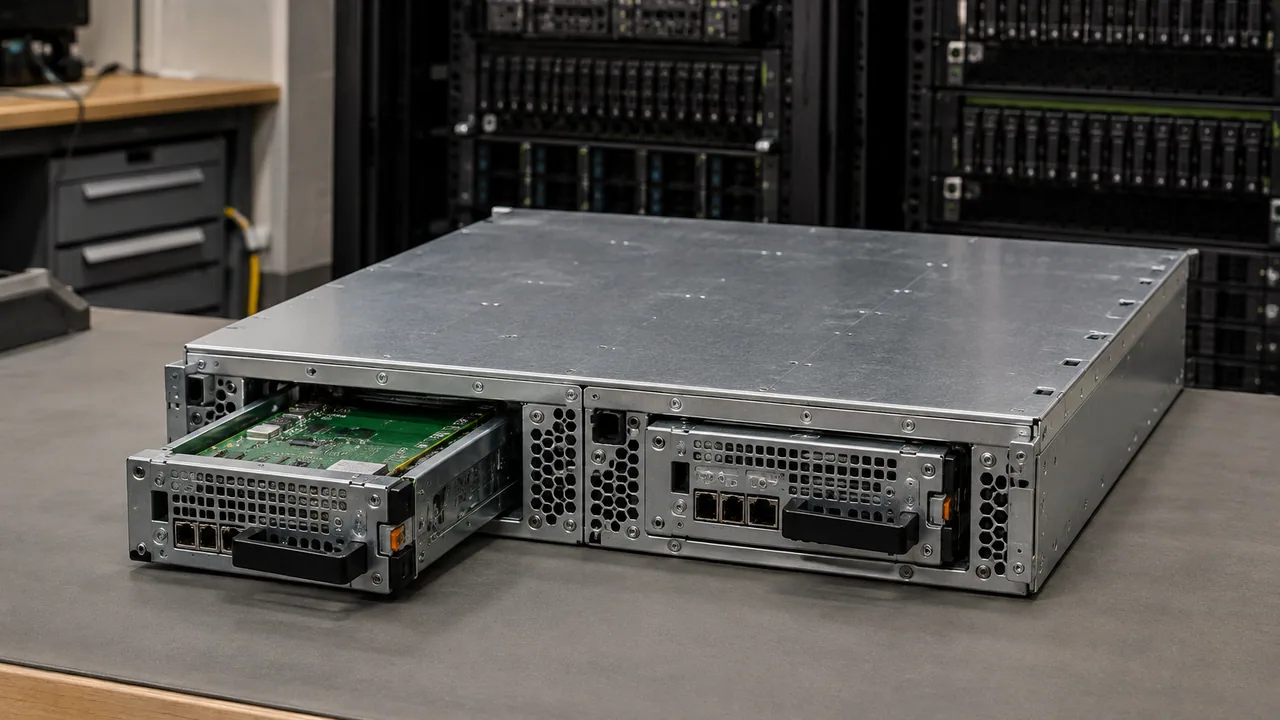 Rear service view of a dual-controller storage enclosure.