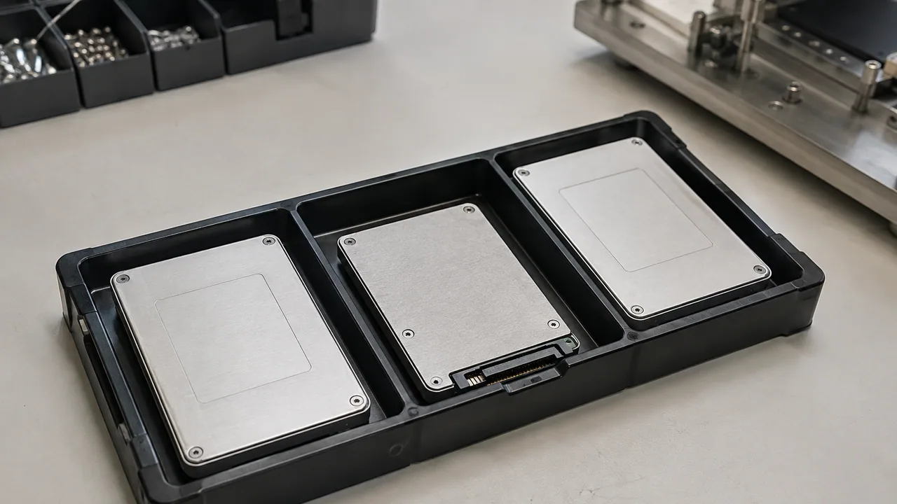 Three U.2 solid-state drives arranged in a protective transport tray.