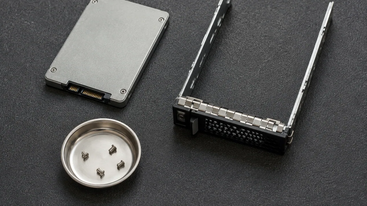 An enterprise SSD and separate drive carrier prepared on an antistatic mat.
