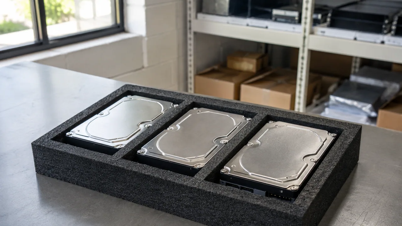 Sealed 3.5-inch hard disks organized for spares inspection.