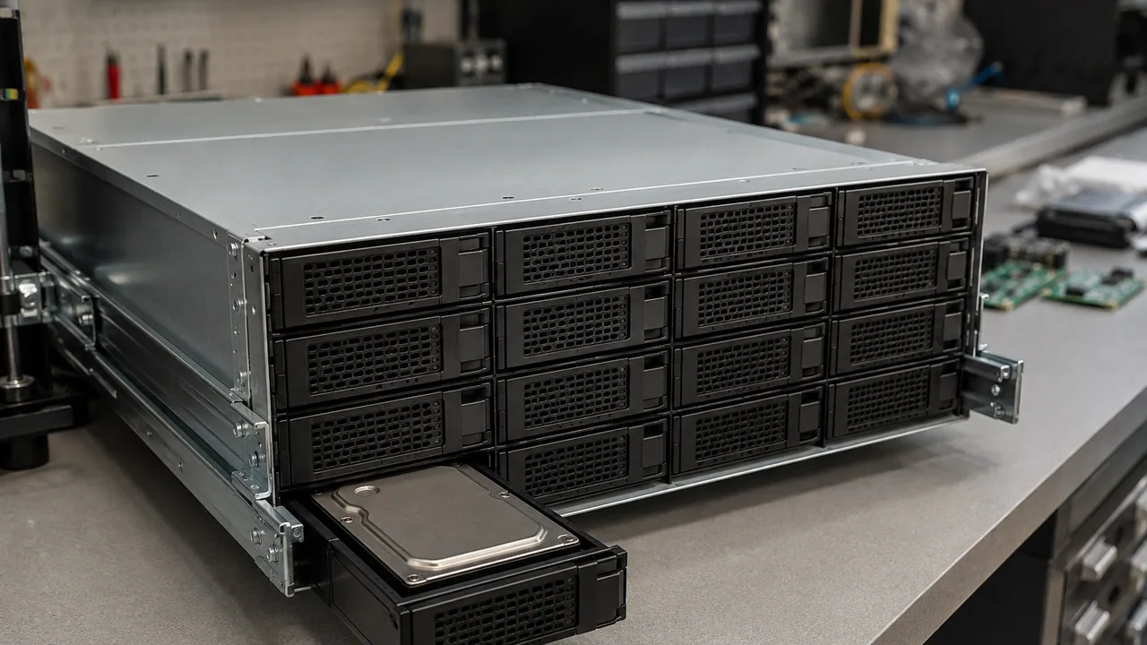 A large-drive storage shelf with one carrier withdrawn for service.