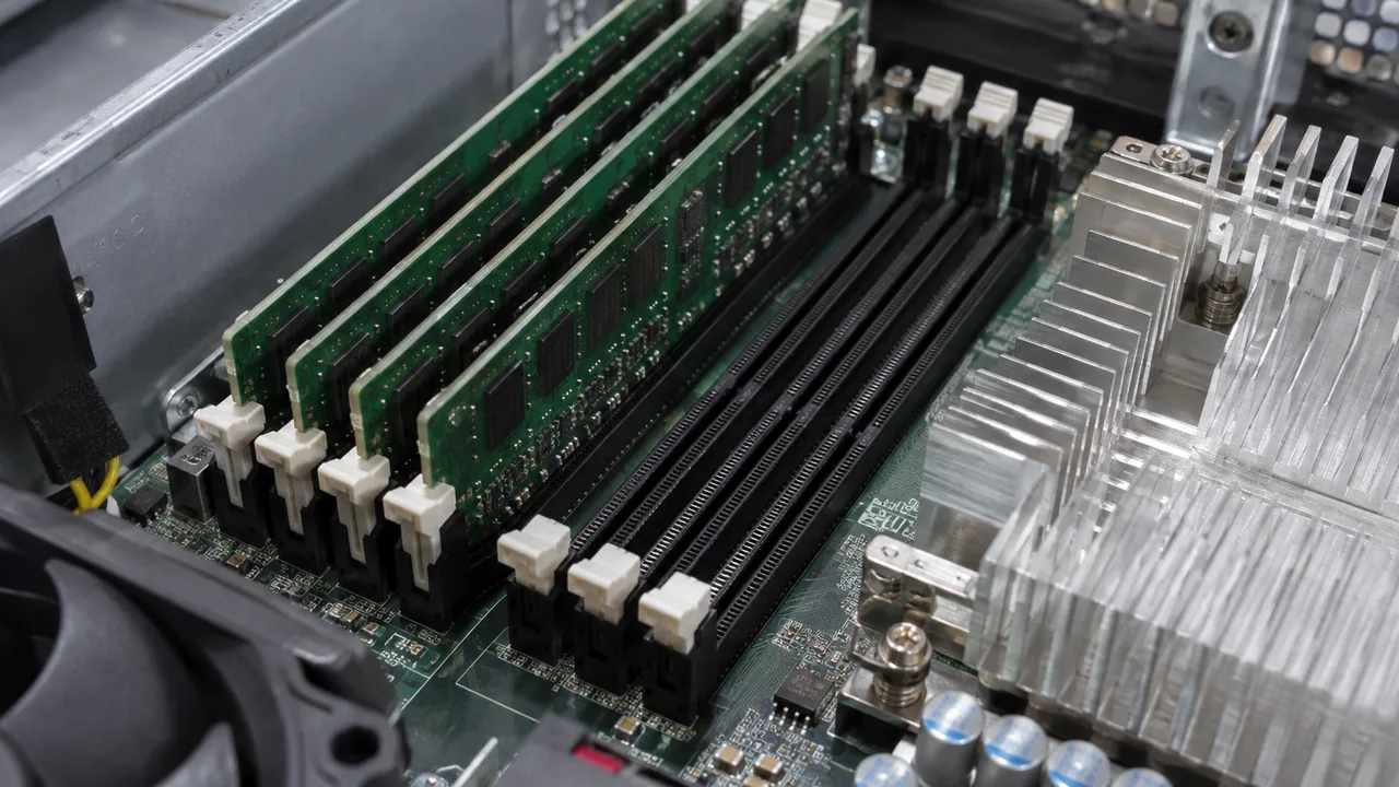 Server DIMMs seated beside processor cooling hardware.