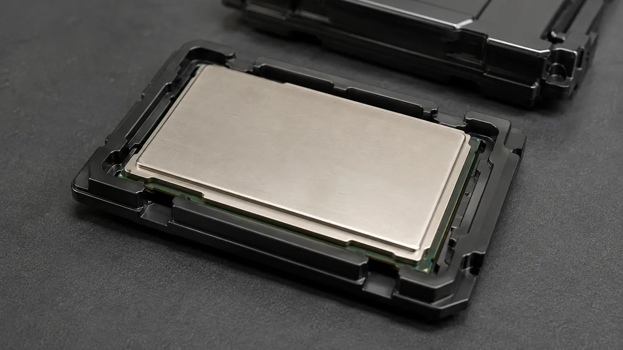 A server processor resting in its protective carrier.