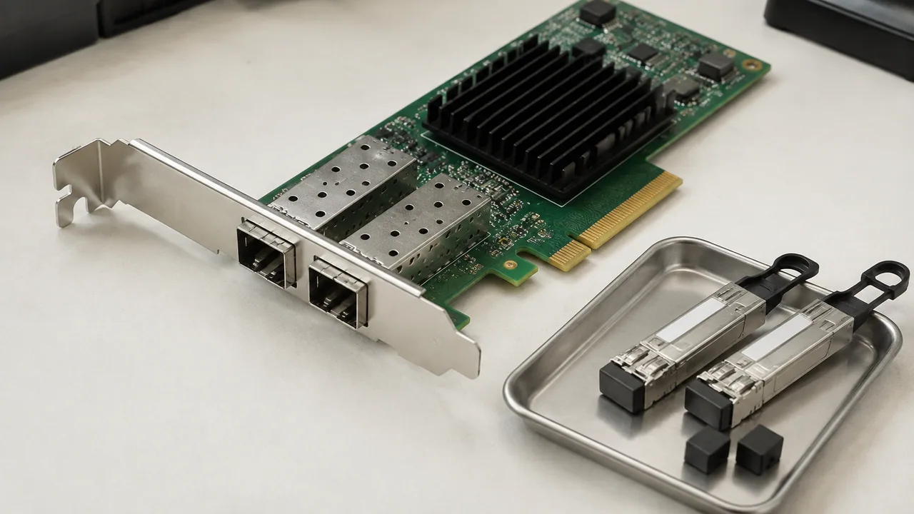 A dual-port network interface card and two optical transceivers.