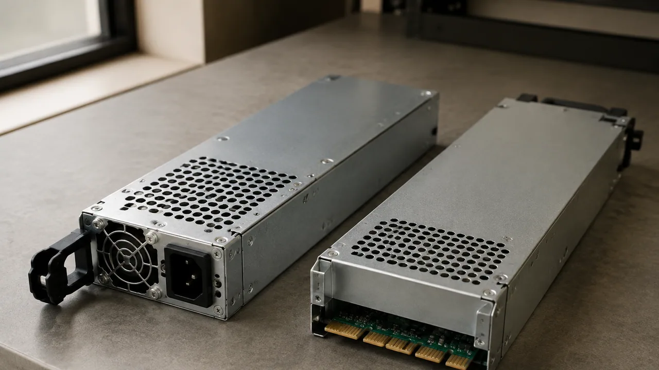 A pair of removable server power supply modules.