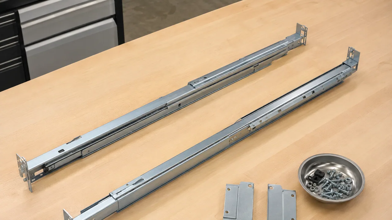 A matched pair of telescoping rack rails and mounting hardware.