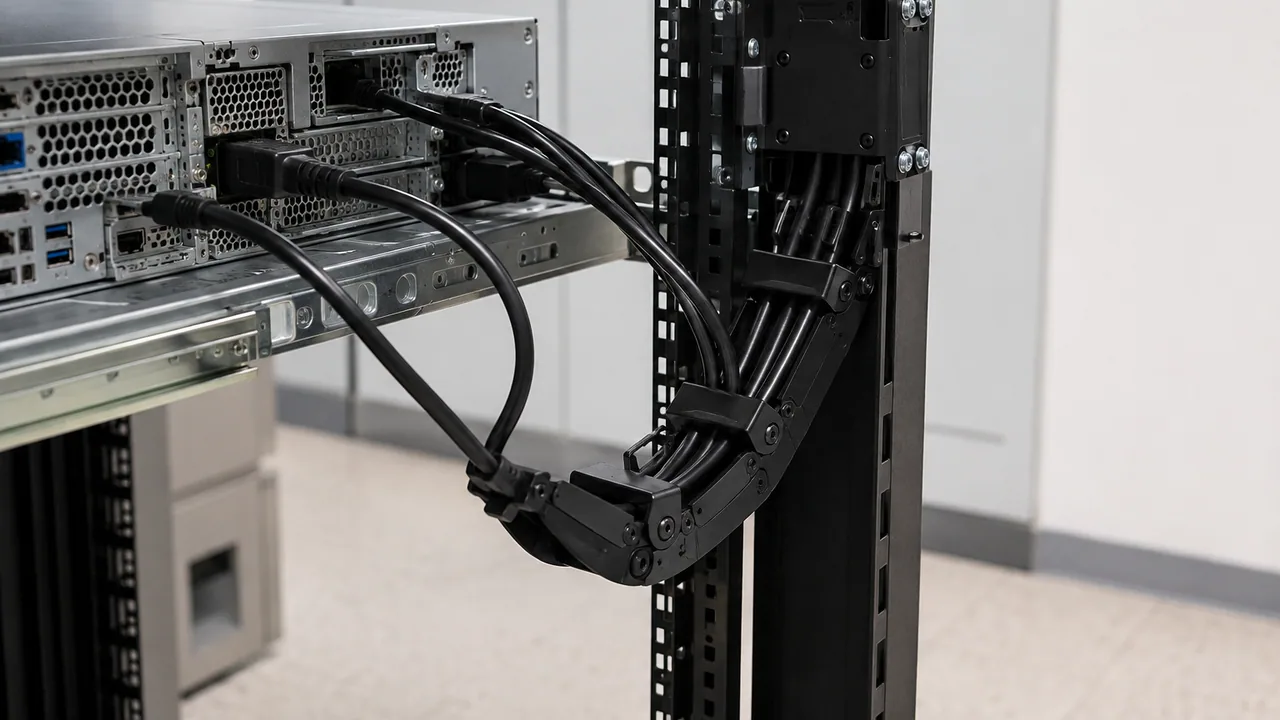 Black cables supported by an articulated cable guide beside an extended rack server.