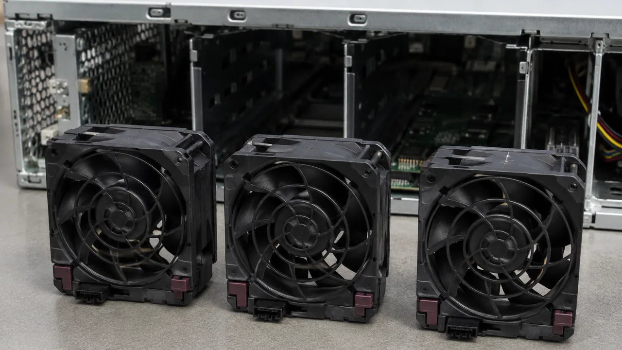 Removable server fan modules arranged for maintenance.