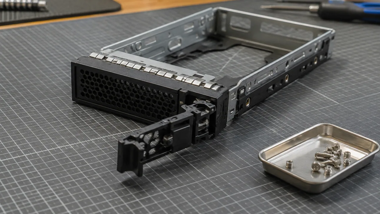 An empty hard-drive carrier showing its release lever and metal frame.